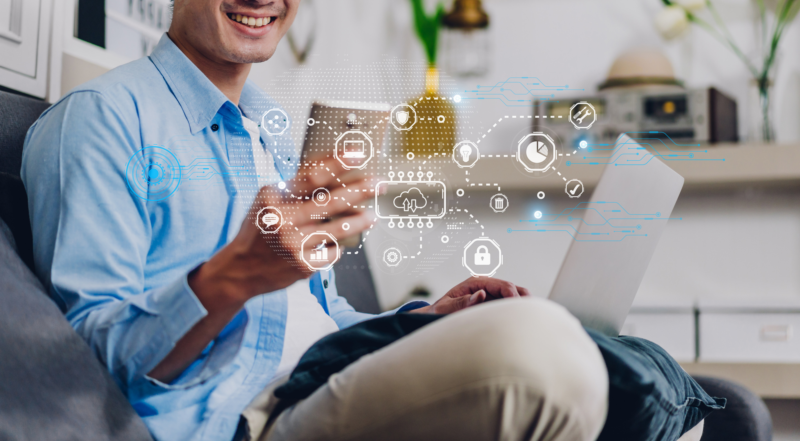 Success businessman use smartphone with digital technology link